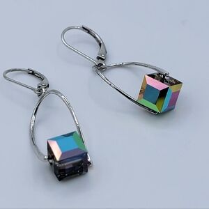 Silver Earrings With Crystal Cube #2807
